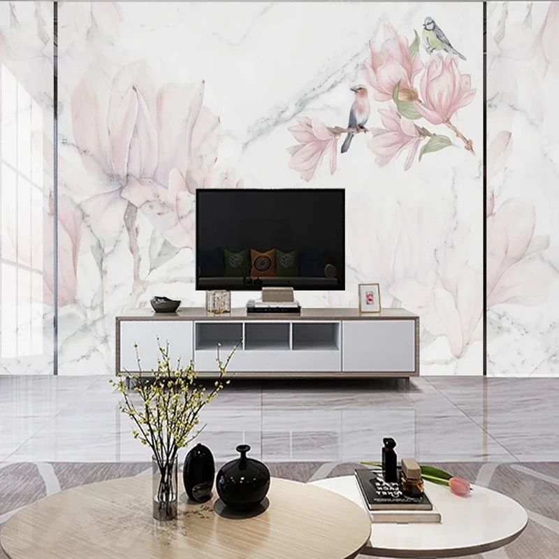 Home Improvement Background - Aangepaste 3D muurschildering roze bloemen vogel